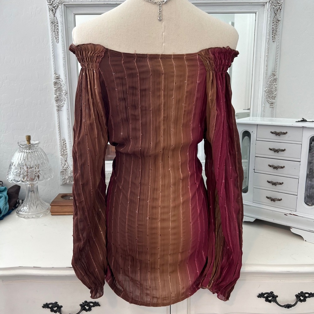 vintage y2k tuscan style brown & pink off shoulder long sleeve top - Picture 4 of 5